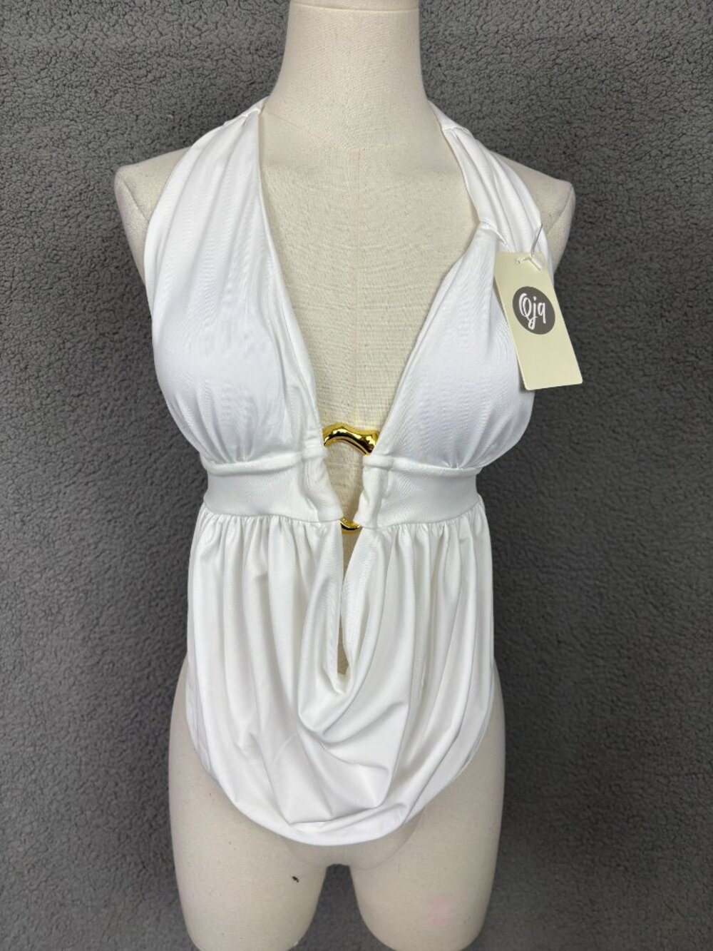 Qjq Women's White Halter Tankini Top  With Gold Accent  Size Large New With Tag